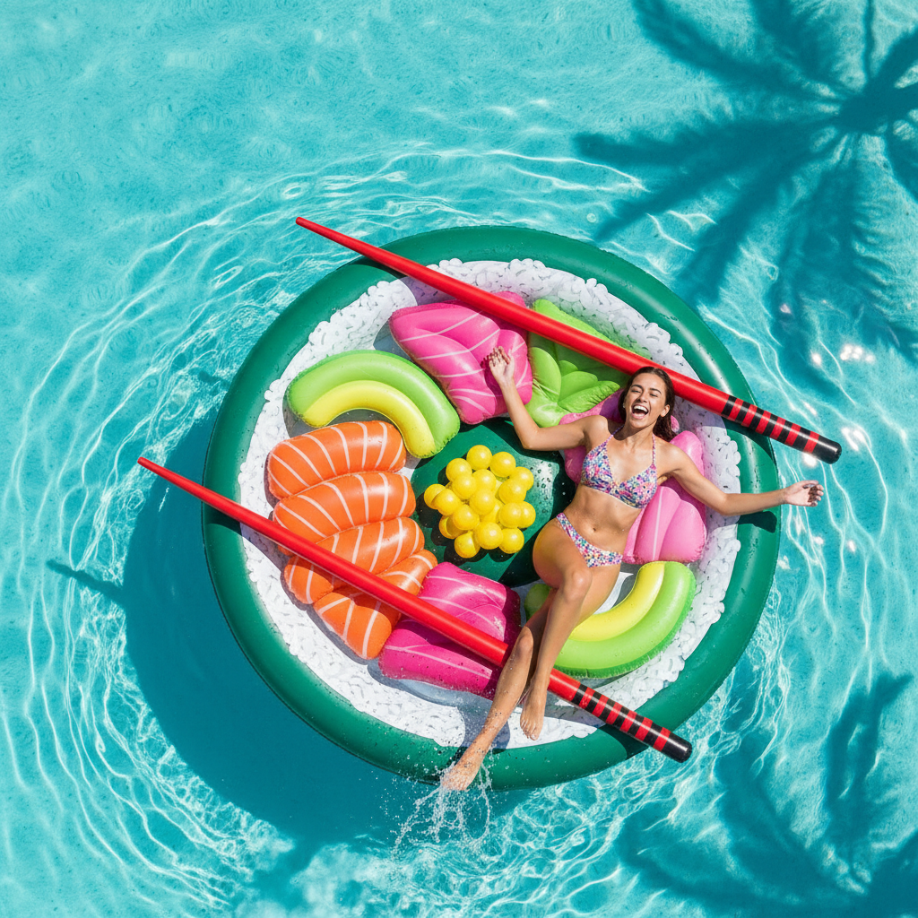Giant sushi roll pool float in a pool